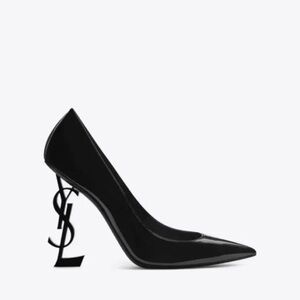 Saint Laurent Opyum 110 Black Leather Pointed Toe Pumps YSL Logo Heels - NWT